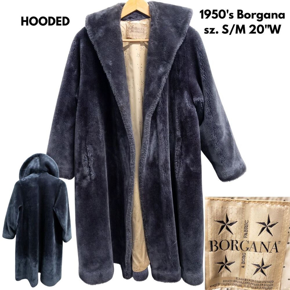 Vintage 1950s Bullock’s Westwood Borgana Faux‎ Fur Coat Blue Gray Long Hollywood